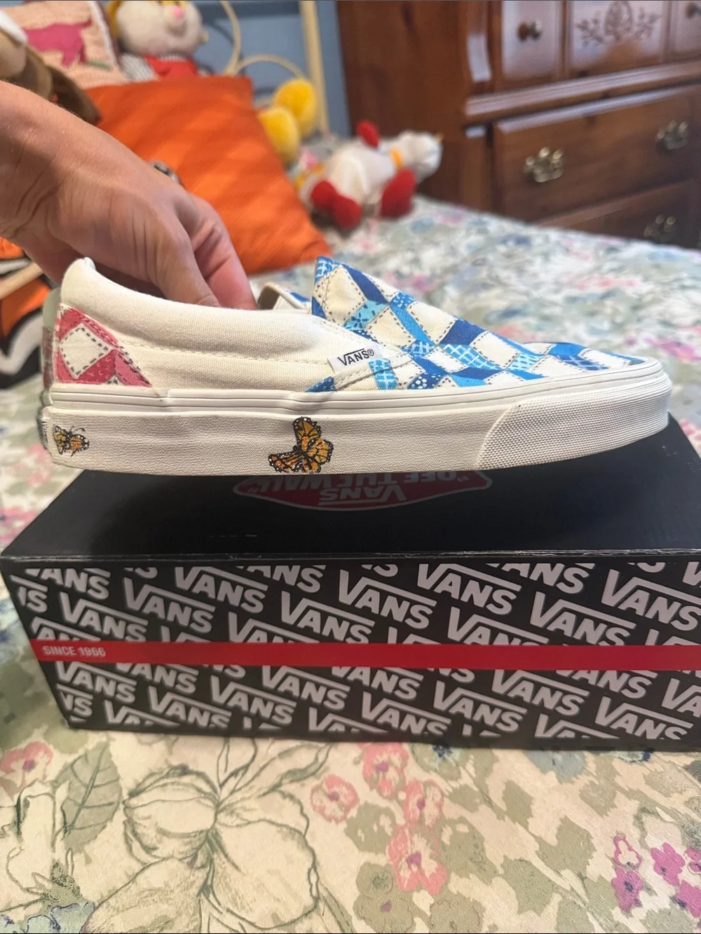 Vans “Off the Wall” Slip-On Quilted Checkerboard Blue & White Canvas Sneakers